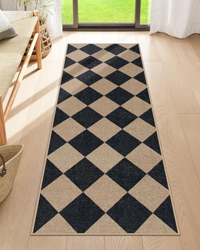 Lahome Checkered Easy Jute Runner Rug, 2x6 Kitchen Mats for Floor Washable Entryway Runner, Checkerboard Black Indoor Outdoor Carpet for Hallway 6ft Entry Laundry