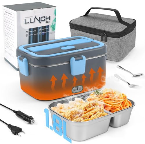 MOOKLIN ROAM 1.8L Scaldavivande Elettrico Portatile, 80W Lunch Box 220V/24V/12V per Auto Camion e Ufficio, 3 in 1 Porta Pranzo Riscaldabile in Acciaio Scaldavivande Portatile(Grigio/Blu)