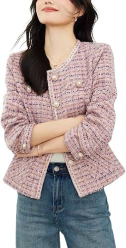 Blazer en Tweed à Double Boutonnage pour Femmes Veste d'automne décontractée à Boutons élégante sans Revers vêtements de Travail de Bureau Corset Blazer (rosé,S)