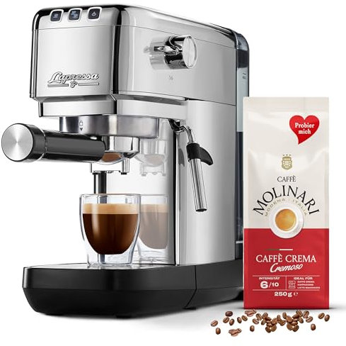 Tchibo Siebträger Espressomaschine „Lapressa“ (15 bar, 980ml Wassertank), Pre-Infusion Technologie, 2-Tassen-Funktion und Milchschaumdüse (Silber) INKLUSIVE Caffè Molinari Kaffeeprobierpack GRATIS