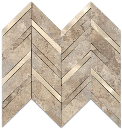 Yipscazo 10 Sheets Herringbone Stick on Tiles,Beige Stone Mixed Metal Gold Splashback for Kitchen Wall, Waterproof Self Adhesive Wall Tiles for Bathroom