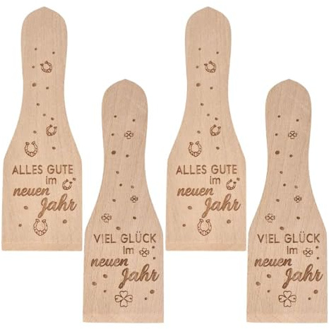 Spruchreif | 4-teiliges Set: Holzschaber mit Gravur Neujahr| Raclettespachtel 4 er Set mit Gravur | Raclette Zubehör | Küchenhelfer