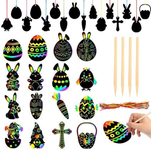 NOPKESV 16 Stück Ostereier Scratch Art Set Ostern Kratzbilder Bastelset Kinder mit Holzstiften Bändern für Ostern Deko Party Mitgebsel