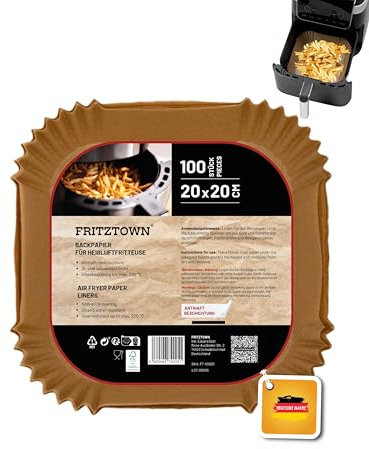 FRITZTOWN Air Fryer Papier – 100 Stück, 20x20 cm Quadratisch | Antihaft Backpapier für Heißluftfritteusen | Kompatibel mit Ninja COSORI Philips Cecotec Midea Russell Hobbs XL XXL Airfryer