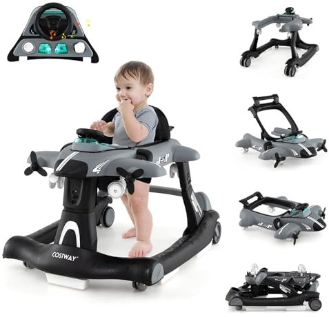 COSTWAY 6 in 1 Lauflernhilfe, Lauflernwagen klappbar mit verstellbarer Höhe & Geschwindigkeit, Baby Walker Flugzeugmotiv mit abnehmbarer Spieluhr & Esstablett, Gehfrei Baby ab 6 Monaten (Grau)