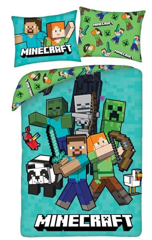 Kinder Bettwäsche Wendebettwäsche Kinderbettwäsche Öko-Tex Bettbezug 140x200 und Kissenbezug 70x90 Minecraft mit Alex und Steve