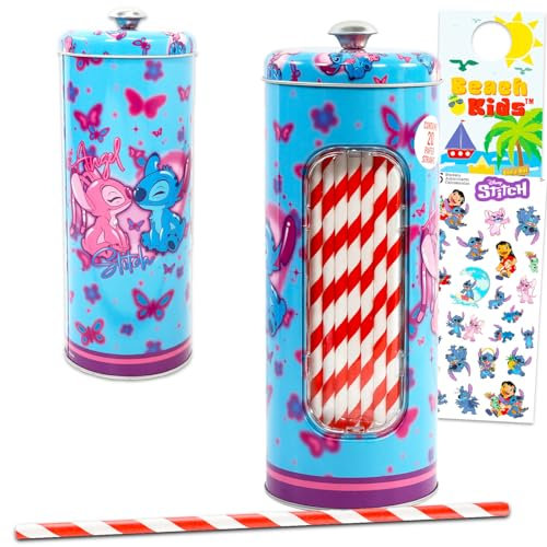 Juego de accesorios de cocina Stitch and Angel, paquete con 1 dispensador de pajitas Disney con 20 pajitas más calcomanías, más | Soporte para pajitas Lilo y Stitch para decoración de cocina