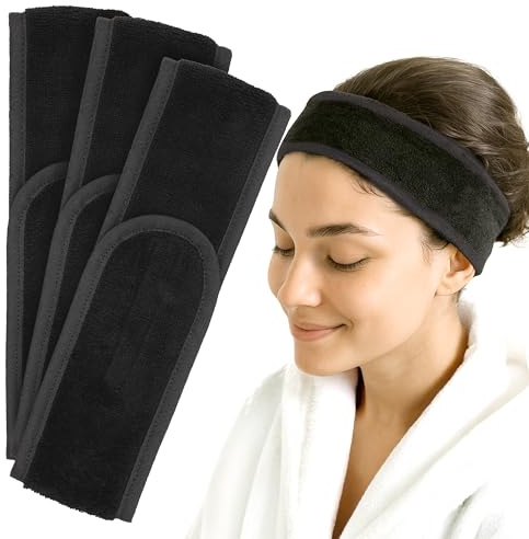 Kosmetik Haarband aus Baumwolle-Frottee – Verstellbares Stirnband für Make-up, Gesichtspflege, Spa & Wellness – Weiches Haarband mit Klettverschluss (3 Stück)