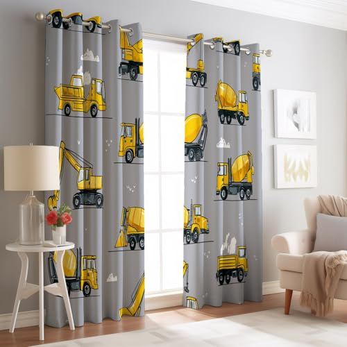 Generisch Vorhänge Blickdichte mit Ösen Gardinen 2er Set Baufahrzeug Cartoon LKW Verdunkelungsvorhang Grau Thermovorhang Ösenvorhang Schiebevorhänge für Schlafzimmer Wohnzimmer 117 x 230 cm(B x H)