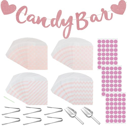 112 Pièces Accessoires Candy Bar Kits, Contient des sachets à bonbons et une pince à sucre, une pelle à glace et des autocollants, une décoration rose pour bar à bonbons