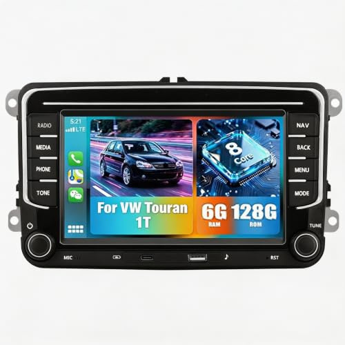 Zomolither 8 Kerne 6+128GB Android 15 Autoradio für VW Touran 1T 2003-2015 mit 7'' HD-Bildschirm Carplay Android Auto GPS Navi WiFi EQ DSP FM/RDS SWC AHD Kamera+MIC
