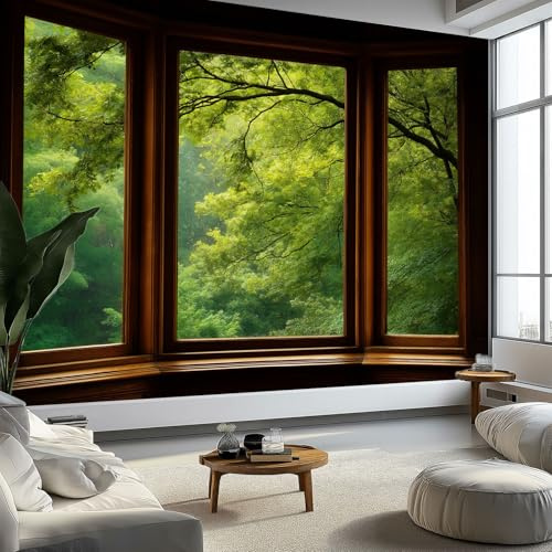 Fototapete Fantasie Fenster Wald Landschaft Dunkelgrün Vliestapete, Modern Wanddeko Motivtapeten für Wohnzimmer Schlafzimmer Flur Kinderzimmer 300 x 210 cm (B x H)