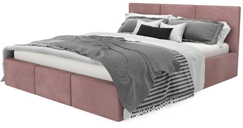 Muralo Polsterbett 140x200 cm mit Bettkasten - Rosa | Doppelbett mit Gestepptem Kopfteil, Lattenrost, Samtbezug, Wasserabweisend & Kratzfest, ohne Matratze
