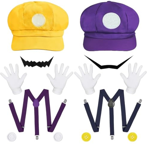 LGZIN Super Brothers Kostüm Zubehör, Super Bros Kostüm für Cosplay mit Hut, Handschuhen, Schnurrbärten, Hosenträgern und Knöpfe, Karneval Faschingskostüme Accessoires für Damen Herren