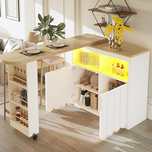 EMKK Ausziehbarer Bartisch, (135-205×39×100cm) Küchenbar mit Stauraum, Kaffeebar Möbel, Kücheninsel, Moderner Beweglicher Bar Table, Gewölbtes Türdesign, für Küche/Kaffeebar/Esszimmer (Weiß 2)