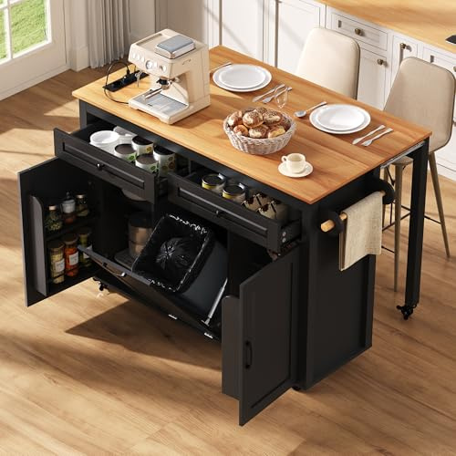 Azkoeesy Isla de cocina con ruedas y encimera extensible, carrito para tartas con cajones, estantes para puertas, estante de especias, cubo de basura para cocina y comedor (112 x 94,5 x 44,6 a 74,6 cm