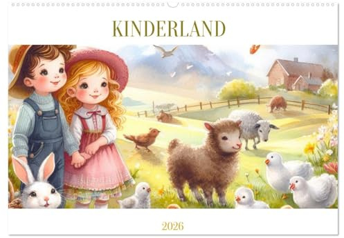 KINDERLAND (Wandkalender 2026 DIN A2 quer), CALVENDO Monatskalender: Farbenfrohe Landschaftsaqurelle mit Kindern (CALVENDO Menschen)