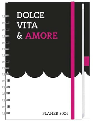 Familienplaner Buch A5 Amore 2024. Praktischer Buchkalender mit Gummiband und Stiftehalter. Stylischer Familien-Kalender mit 5 Spalten. Terminkalender 2024.