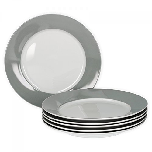 van Well Vario Frühstücksteller-Set 6-teilig - Teller-Service für 6 Personen - Kuchen-Teller mit Ø 20cm - Porzellan-Set weiß mit Rand in Grau - Dessert-Teller-Set mikrowellengeeignet