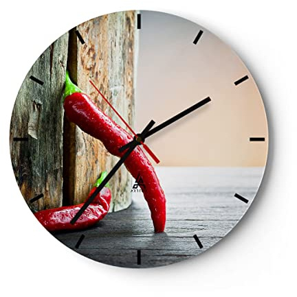 Modern Wanduhr Chili Gewürz Gemüse 30x30cm Rund Klein Wand Uhr Glas Analog Zimmeruhren Küche Büro Wohnzimmer Glasuhr Wall Clock Dekoration Design Wanddekoration Küchenuhr C3AR30x30-2264