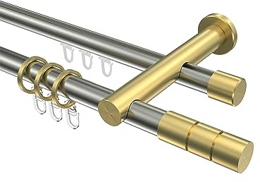 Interdeco Edelstahl-Optik/Messing-Optik Rundrohr/Innenlauf Gardinenstange 20 mm Ø doppelläufig Platon Elanto, 540 cm