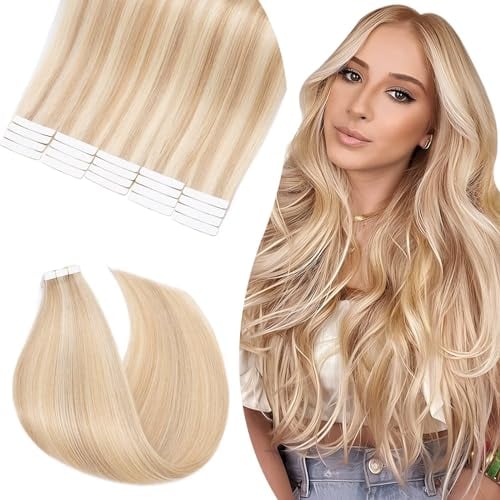 UK-Fashion-Shop Tape in Hair Extensions Human Hair 14 Inch Invisible Blonde Hair Extensions 20pcs Tape in Real Hair Straight 40g Seamless Remy Hair Tapes, #18/613 Ash Blonde with Bleach Blonde