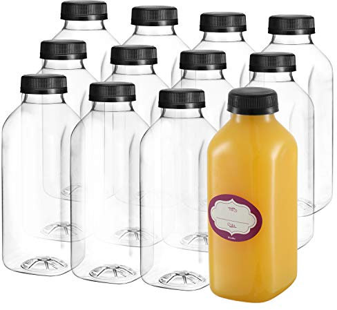 DilaBee 12 Pack 500ml Empty Plastic Juice Bottles with Lids 16 Oz Large Square Drink Containers Great for Storing Homemade Juices, Water