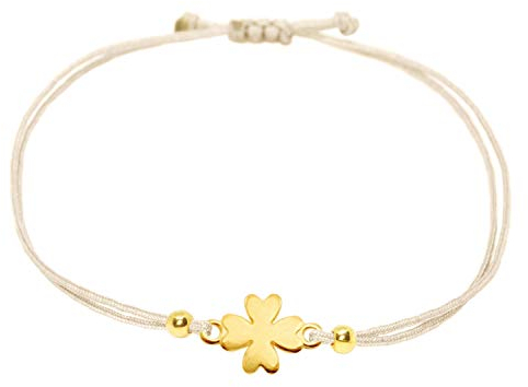Selfmade Jewelry Armband Damen Gold Kleeblatt Größenverstellbares Glücksband mit Klee Handmade Inkl. Geschenk-Verpackung (Gold - Beige)