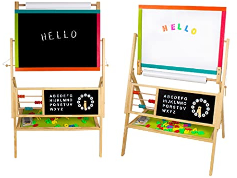 Calma Dragon W12B103-2 Kinder Whiteboard 2 in 1, Kindertafel aus Holz, doppelseitig, mit Uhr und Alphabet, mit Zeichenpapierrolle, Kreide, Markierstiften und Radiergummi (Grande)