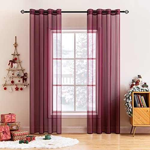 MIULEE 2er Set Voile Vorhang Weihnachtsdeko mit Ösen Transparente Gardine aus Voile Polyester Ösenschal Transparent Wohnzimmer Luftig Dekoschal für Schlafzimmer Rot 215 x 140cm H x B, Grommet Top