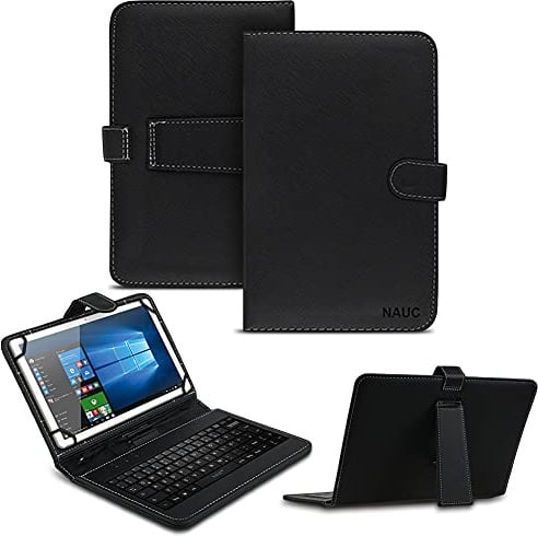NAUC Tablet Tasche kompatibel für ODYS Space One 10 / SE Keyboard USB Hülle Tastatur QWERTZ Tastatur Schutzhülle Standfunktion Magnetverschluss Cover Universal, Farben:Schwarz