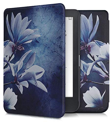kwmobile Klapphülle kompatibel mit Tolino Shine 3 Hülle - eReader Case - Magnolien Marmor Weiß Grau Blau