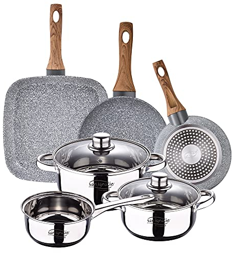 San Ignacio batería 5 Piezas + Set 2 sartenes 28x28, Acero Inoxidable, Cromado, Pack + Asador + 18/20 cms