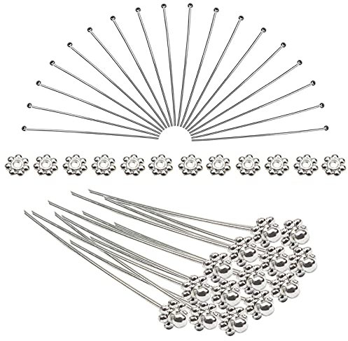 TOAOB 200pcs Aiguilles Tiges Clous a Tete Ronde en Laiton Épingle à Oeil Argent 0.7x50mm avec Perles d'espacement 4mm pour Accessoire Fabrication de Bijoux Artisanat
