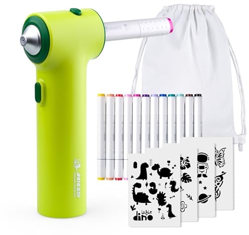 JOLLY Airbrush Textil Set, inkl. 12 Textilmarker mit Doppelspitze, 4 Schablonen und 1 Sportbeutel, leuchtende und satte Farben, nach Fixierung Waschmaschinenfest, Textilfarbe zum sprühen