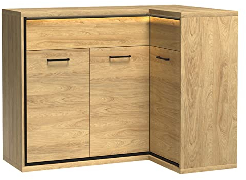 Mirjan24 Eckkommode Berspe BP15K, Kommode, Mehrzweckschrank, Anrichte für Diele und Flur, Esszimmerkommmode, Gedämpftem Schließsystem, Seite: Links (Hikora Natur, mit LED Beleuchtung)