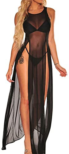 Women Summer Beach Bikini Cover Up, Mesh Swimwear Skirt Tops, Sheer Swimsuit Scoop Neck Tank Maxi Dress Chiffon Beachwear Coverup See Through Blouse Loungewear for Ladies Bodycon Clubwear Sundress