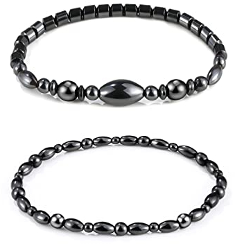 Emibele Magnetisches Fußkettchen, 2 Stück Hämatit Perlen Magnettherapie Fußkette mit Elastischem Seil für Damen, Anti-Schwellung & Gewichtsverlust & Angstabbau Schmuck für Frauen, Schwarz