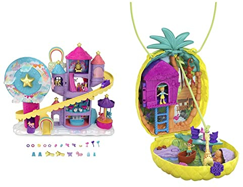 Polly Pocket HBT13 - Regenbogen-Einhornspaß Freizeitpark, 3 Verschiedene Freizeitpark-Attraktionen, 7 Spielbereiche & GKJ64 - Ananas-Taschen-Schatulle, tragbar, mit 8 lustigen Funktionen