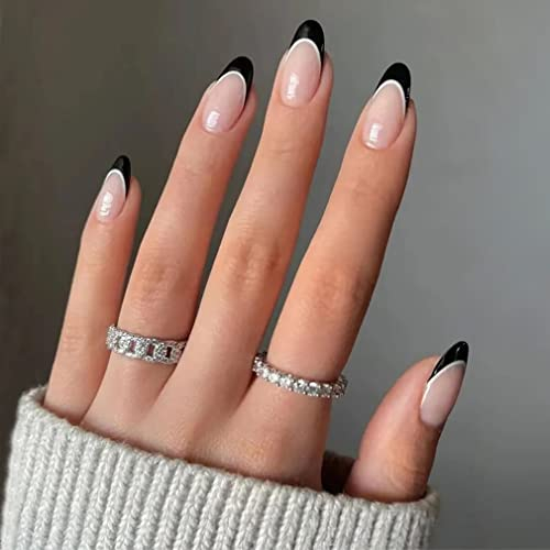 Sethexy Faux Ongles Autocollants Noir French Rond Ongles a coller Motif ligne ondulée Capsules Ongles Brillant 24 pièces Acrylique Ongles pour les femmes et les filles (Noir French)
