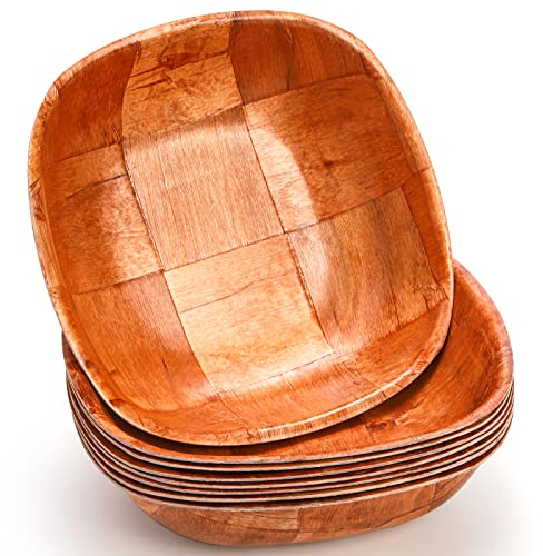 Elsjoy 8 Pack 8 Inch Wooden Woven Salad Bowl, Reusable Square Serving Bowl Woven Wood Mixing Bowl Set, Unbreakable Snack Bowls for Salad, Fruits, Snacks