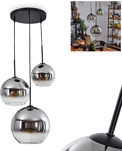 Hängeleuchte Koyoto, Hängelampe aus Metall/Glas in Schwarz/Rauchfarben/Klar, Retro Design mit Schirmen aus Glas (Ø20 cm; 25 cm; 30 cm), Höhe max. 151,5 cm, 3-flammig, 3 x E27, ohne Leuchtmittel