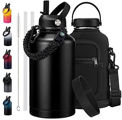 64 oz Water Bottle with Straw Stainless Steel - Wide Mouth 1/2 Gallon Water Bottles Keep Ice Cold-48H & Hot-24H, Double-wall Metal Water Jug w/Paracord Handle, Water Bottle Sleeve, Protective Boot