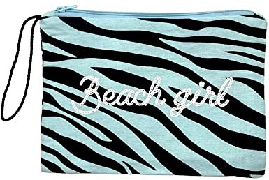 Pochette Zebra 100% Cotone Con Laccio e Zip Borsa da Spiaggia 28x22 cm Interno Impermeabile (Azzurro)