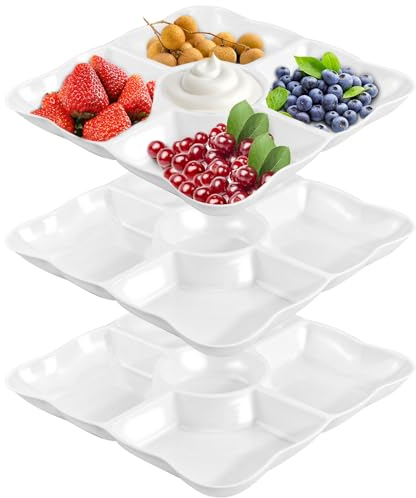 3 Stück Snackteller mit 5 Fächern, Wiederverwendbar Snack Teiler Tablett, Obstteller aus Kunststoff, Weiße Snackteller mit Fächern, für Nüsse Desserts Frische Snacks Candy Getrocknetes Obst Essen