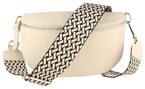 MIRROSI® Bauchtasche Damen, Echtleder, Made in Italy, Umhängetasche, Brusttasche, Crossbody Bag (1 Tasche & 2 Gurte) (Beige (FLECHT Beige), Mittelgroße Tasche (25x16x7cm))