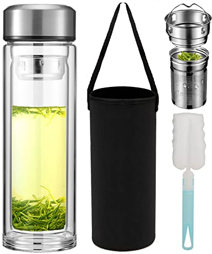 Pauzema Bicchiere da tè con infusore, bottiglia da tè con infusore 2 in 1, grande bottiglia da tè in vetro borosilicato a doppia parete, 100% a prova di perdite, con filtro in acciaio inossidabile