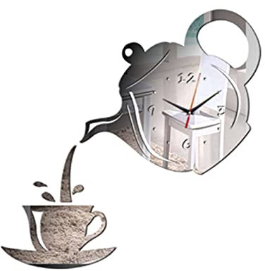 VALINK Teapot & Cup Wall Clocks,DIY Acrylic Stickers Wall Clock,Kitchen, Teapot Silent Wall Clocks For Living Room Silver