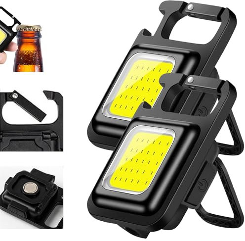 MODOAO Mini COB Keychain Flashlights, 2 Pack Super Bright Rechargeable Handheld Torch, 4 Light Modes Portable Pocket Light with Folding Bracket Bottle Opener Magnet Base for Outdoor Daily Use