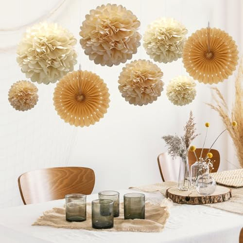 12 Stück Champagner Seidenpapier Pompons Deko Braun Papierblumen Geburtstagsdeko Boho Party Dekoration, Pompoms Dekoration Fächer Seidenpompons Papier Blumenball Deko Pompons, Deko Pom Papierrosetten